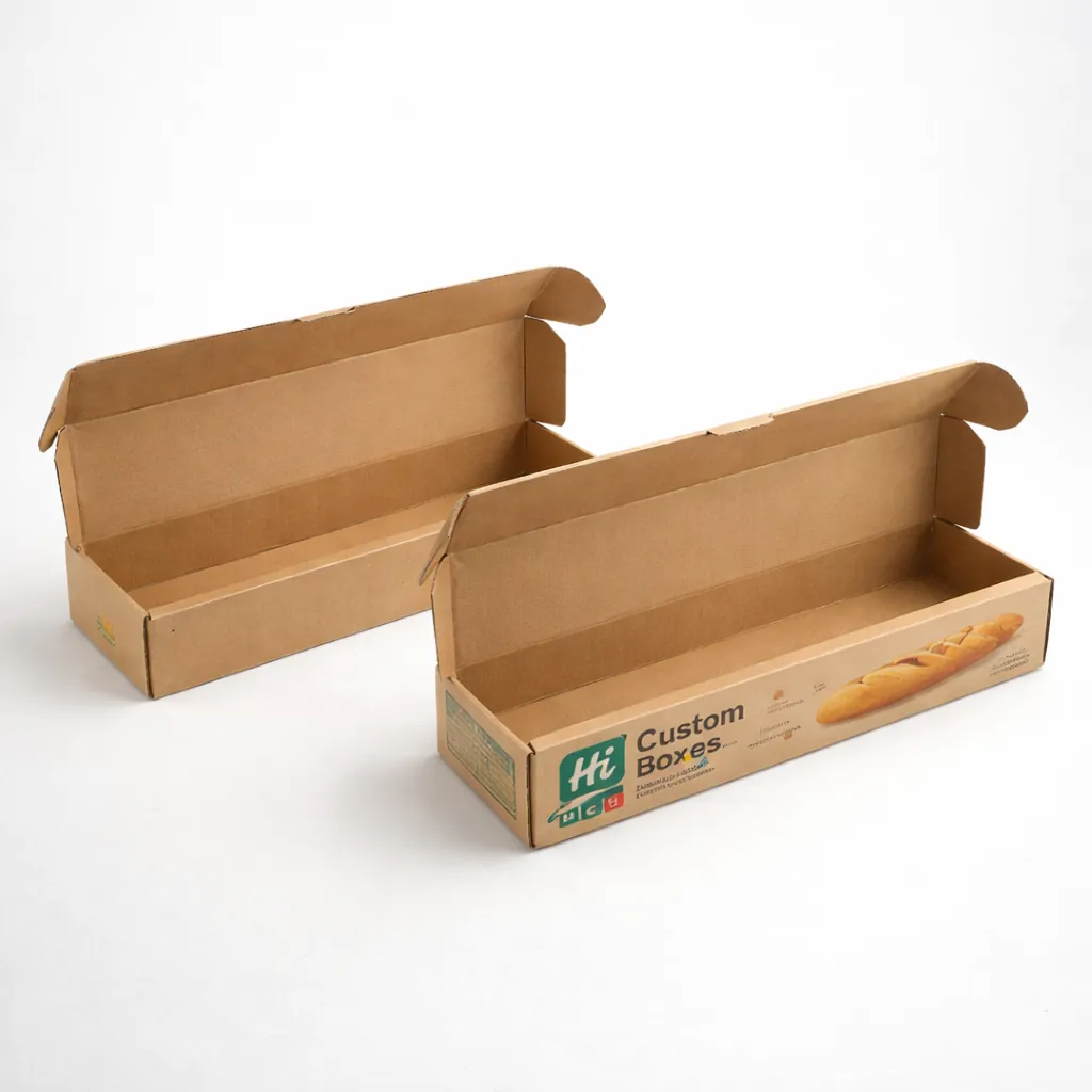 Sturdy brown kraft mailer boxes for baguettes with a fold-over lid and printed bread graphics. class=